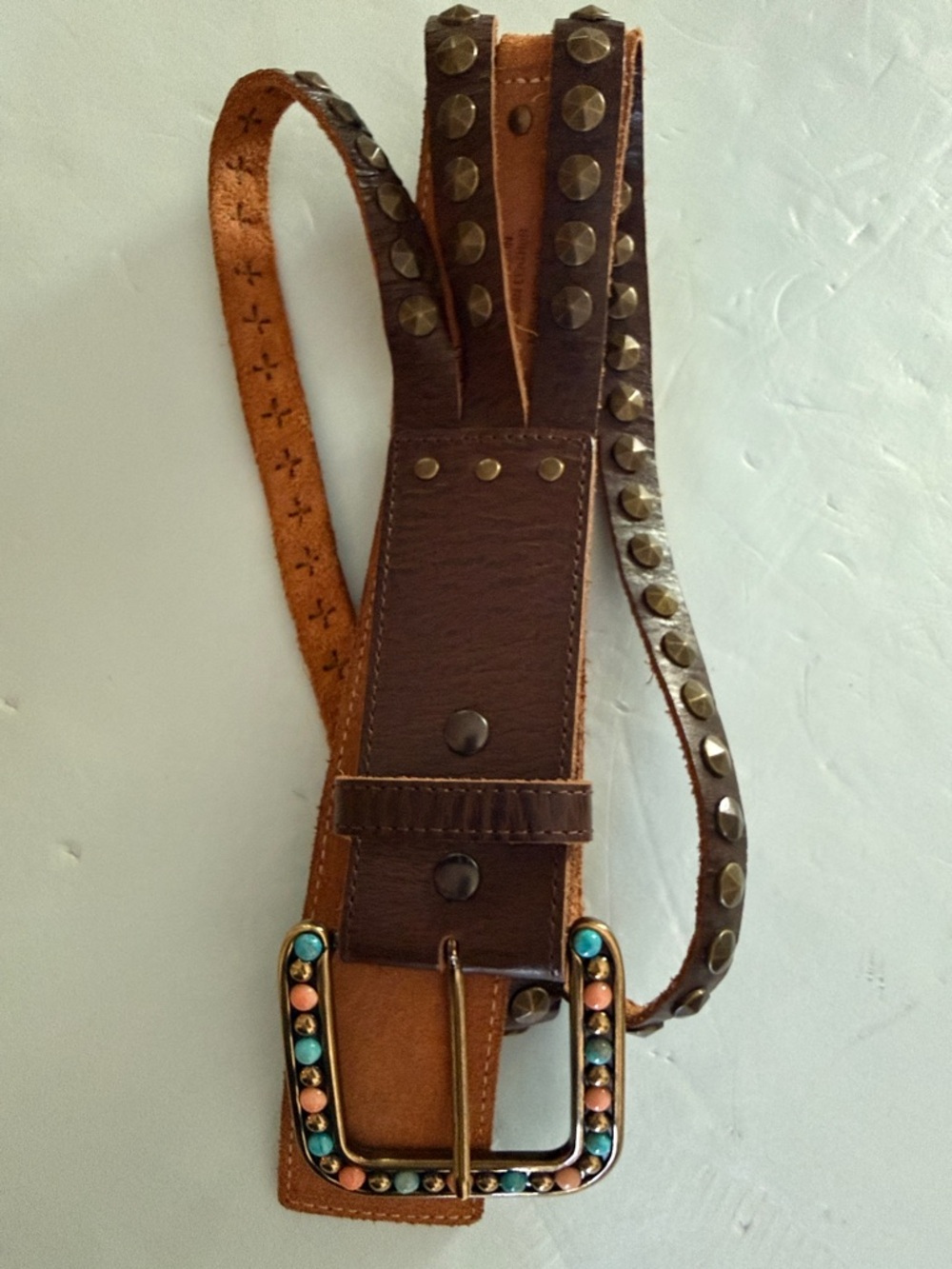 ARIAT Women’s Studded Turquoise Belt Sz 36 Brown Leather Boho Luxe Western